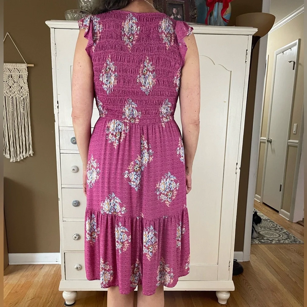 LOFT Pink Flutter Sleeve Sundress smocked midi Petite M